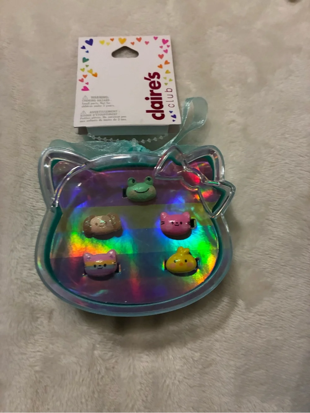 Claire's Iridescent Aqua Cat Pouch with Cute Character Clips
